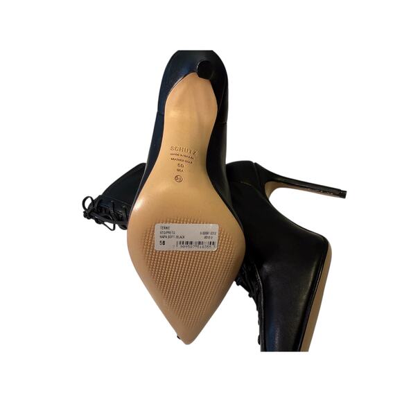 Schutz Black Nappa Leather Lace-Up Stiletto Ankle Boots | Size 5B Pointed Toe - Picture 8 of 12